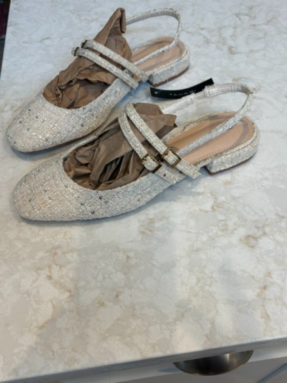 Tahari Password Ivory Tweed Buckle Slingback Mary Jane Flats Women's Size 8M NWT